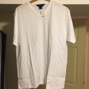 White v neck t shirt.  Brooks brothers
